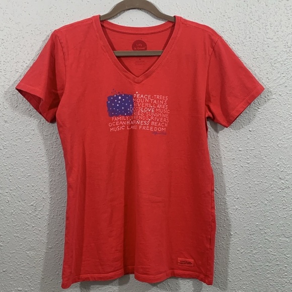 Life is good Red V-Neck Crusher Tee Patriotic American Flag Freedom Peace size M - Picture 1 of 11